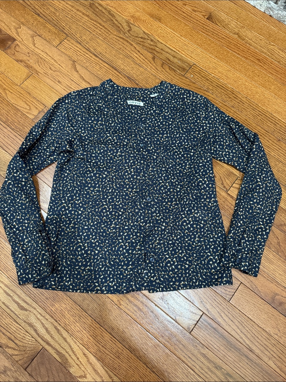 Orvis Navy Shirt with Beige Leaf Pattern